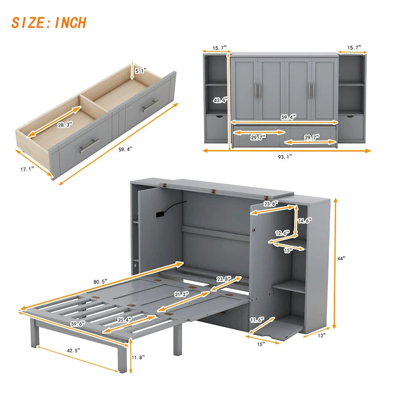 Lit escamotable moderne Queen Size avec étagères, tiroirs et ports USB pour chambre à coucher