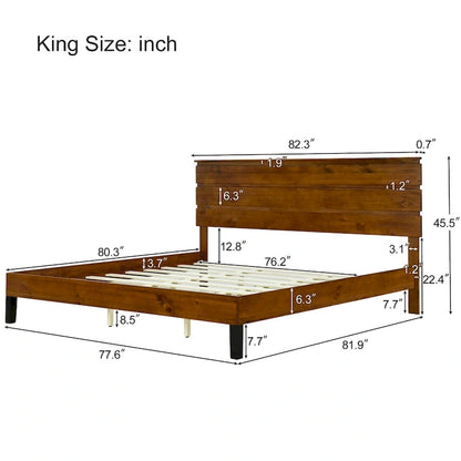 Lit plateforme en bois massif marron, format king, style moderne du milieu du siècle, avec tête de lit en trois parties.