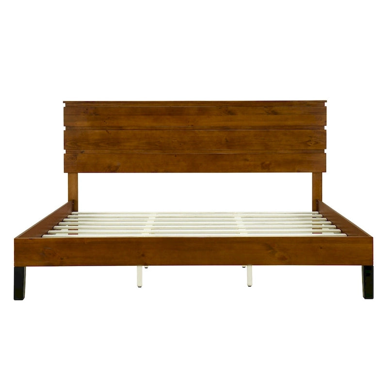 Lit plateforme en bois massif marron, format king, style moderne du milieu du siècle, avec tête de lit en trois parties.