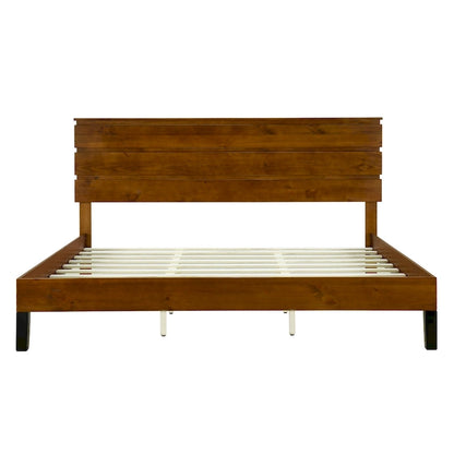 Lit plateforme en bois massif marron, format king, style moderne du milieu du siècle, avec tête de lit en trois parties.