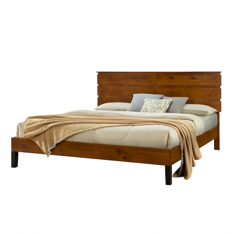 Lit plateforme en bois massif marron, format king, style moderne du milieu du siècle, avec tête de lit en trois parties.