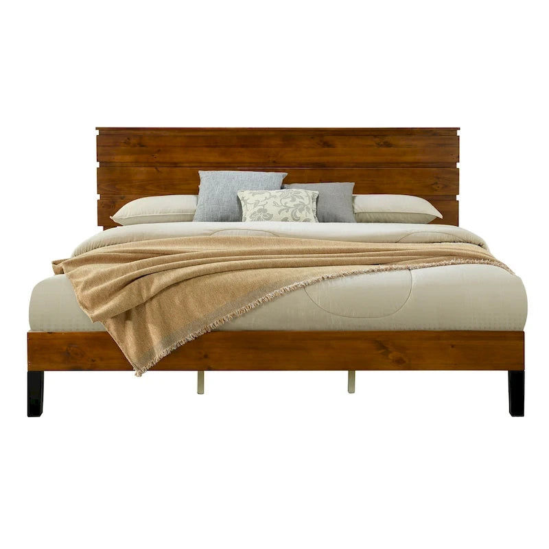 Lit plateforme en bois massif marron, format king, style moderne du milieu du siècle, avec tête de lit en trois parties.