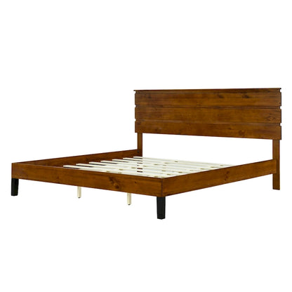 Lit plateforme en bois massif marron, format king, style moderne du milieu du siècle, avec tête de lit en trois parties.