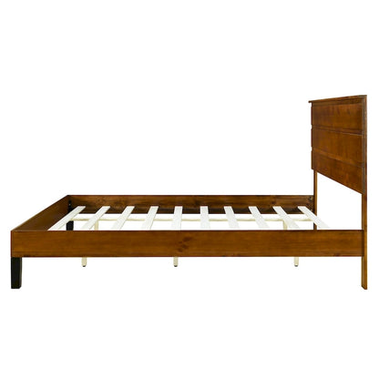 Lit plateforme en bois massif marron, format king, style moderne du milieu du siècle, avec tête de lit en trois parties.