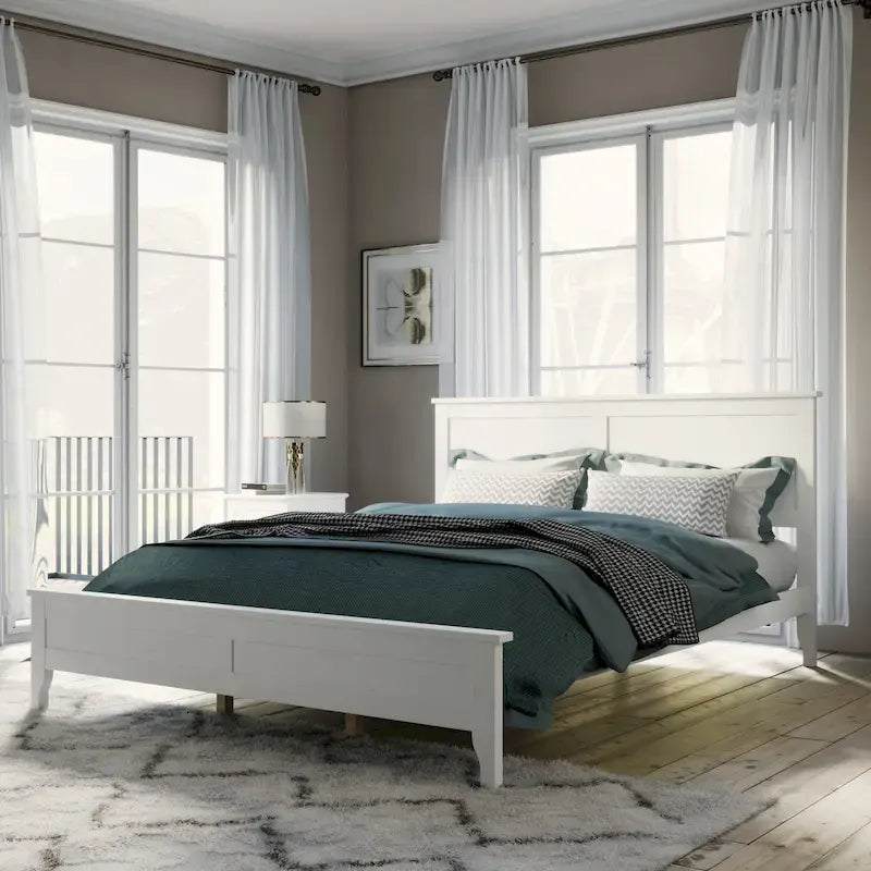 Lit plateforme moderne en bois massif blanc, format Queen, avec finition résistante à l'usure