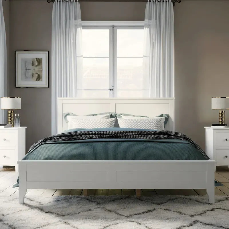 Lit plateforme moderne en bois massif blanc, format Queen, avec finition résistante à l'usure