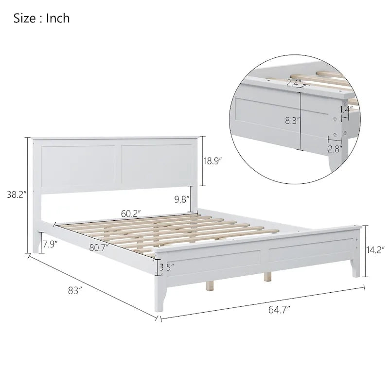 Lit plateforme moderne en bois massif blanc, format Queen, avec finition résistante à l'usure