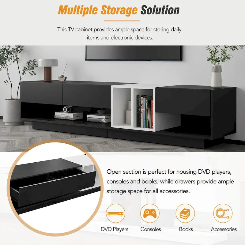 Meuble TV 74 pouces avec rangement et compartiment pour téléviseurs jusqu'à 80 pouces