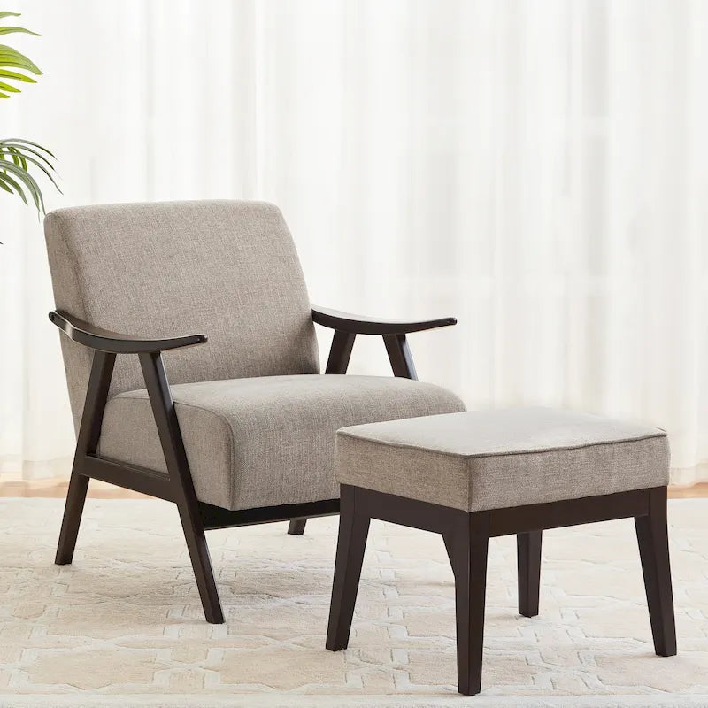 Fauteuil rembourré de style Mid-Century 27,7 avec structure en bois massif et repose-pieds.