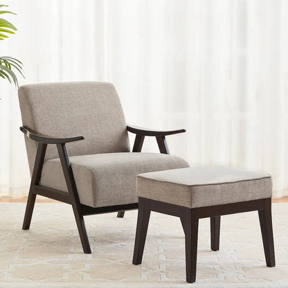 Fauteuil rembourré de style Mid-Century 27,7 avec structure en bois massif et repose-pieds.