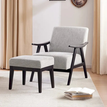 Fauteuil rembourré de style Mid-Century 27,7 avec structure en bois massif et repose-pieds.