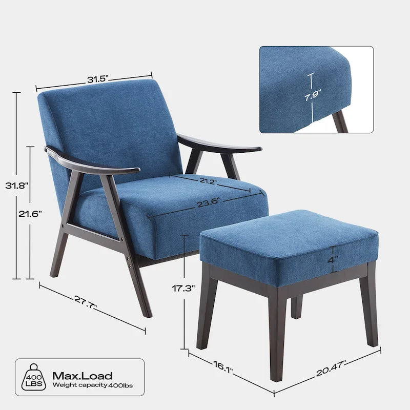 Fauteuil rembourré de style Mid-Century 27,7 avec structure en bois massif et repose-pieds.