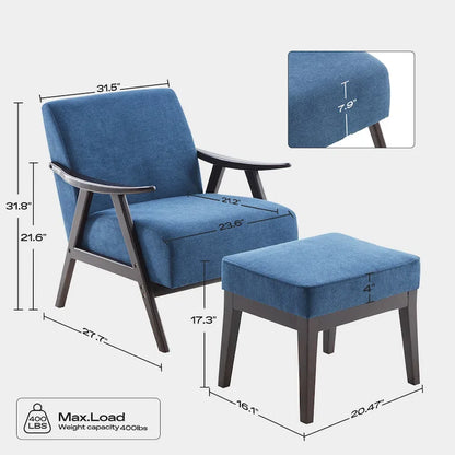 Fauteuil rembourré de style Mid-Century 27,7 avec structure en bois massif et repose-pieds.