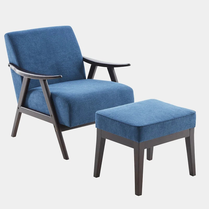 Fauteuil rembourré de style Mid-Century 27,7 avec structure en bois massif et repose-pieds.