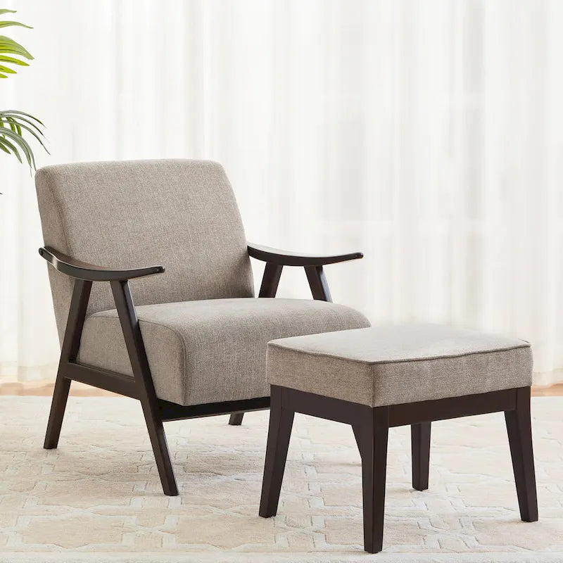 Fauteuil rembourré de style Mid-Century 27,7 avec structure en bois massif et repose-pieds.