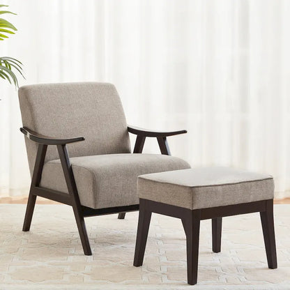 Fauteuil rembourré de style Mid-Century 27,7 avec structure en bois massif et repose-pieds.