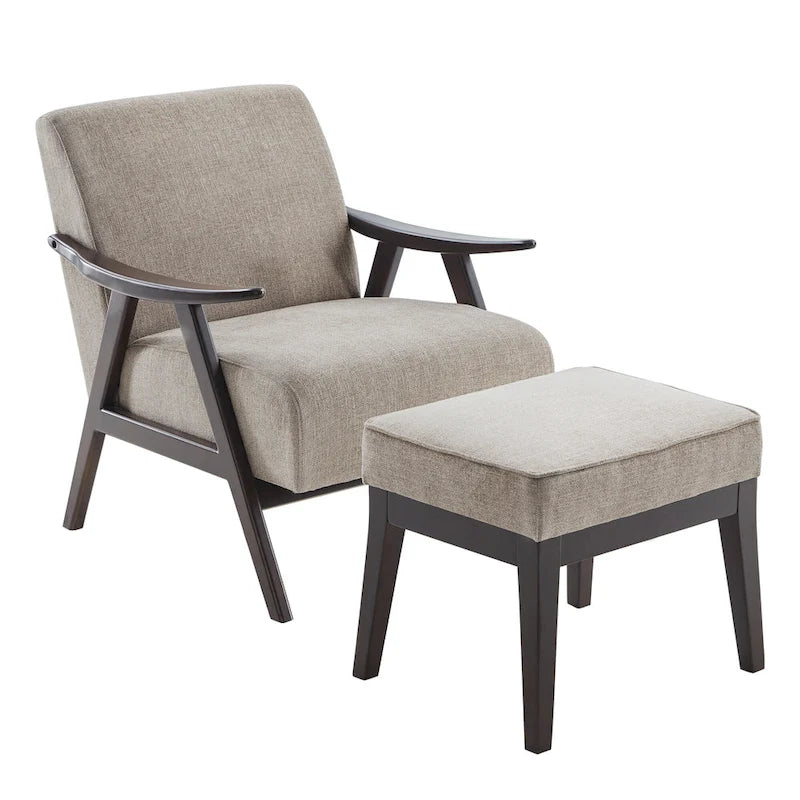 Fauteuil rembourré de style Mid-Century 27,7 avec structure en bois massif et repose-pieds.