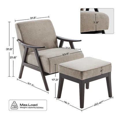 Fauteuil rembourré de style Mid-Century 27,7 avec structure en bois massif et repose-pieds.