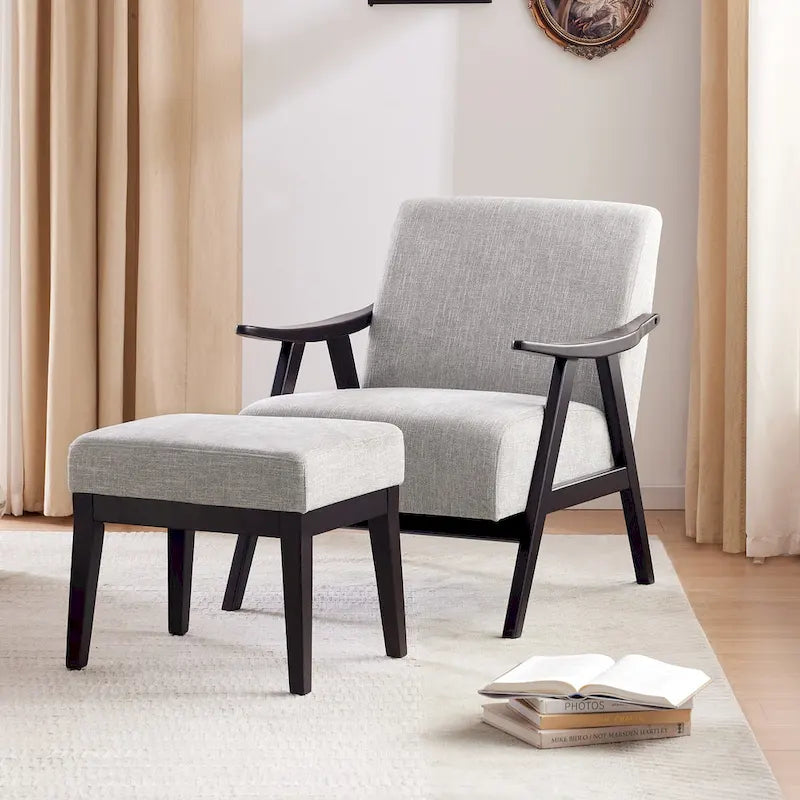 Fauteuil rembourré de style Mid-Century 27,7 avec structure en bois massif et repose-pieds.