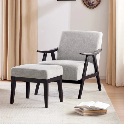 Fauteuil rembourré de style Mid-Century 27,7 avec structure en bois massif et repose-pieds.