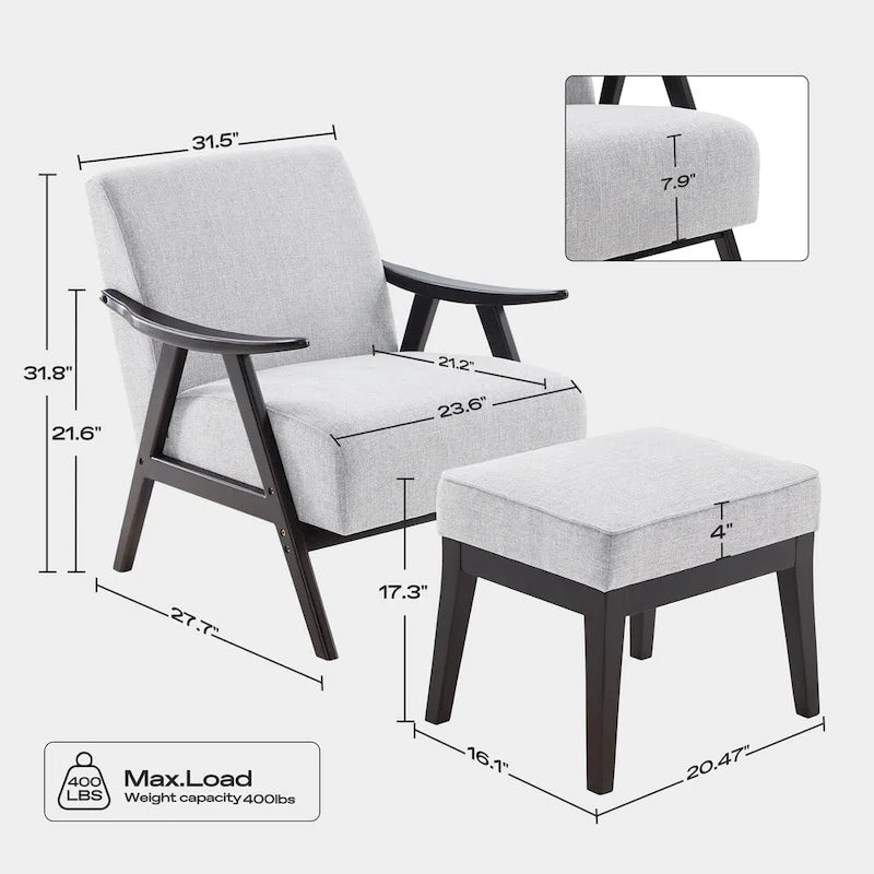 Fauteuil rembourré de style Mid-Century 27,7 avec structure en bois massif et repose-pieds.