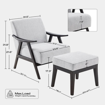 Fauteuil rembourré de style Mid-Century 27,7 avec structure en bois massif et repose-pieds.
