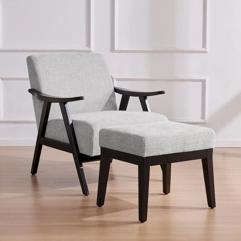 Fauteuil rembourré de style Mid-Century 27,7 avec structure en bois massif et repose-pieds.