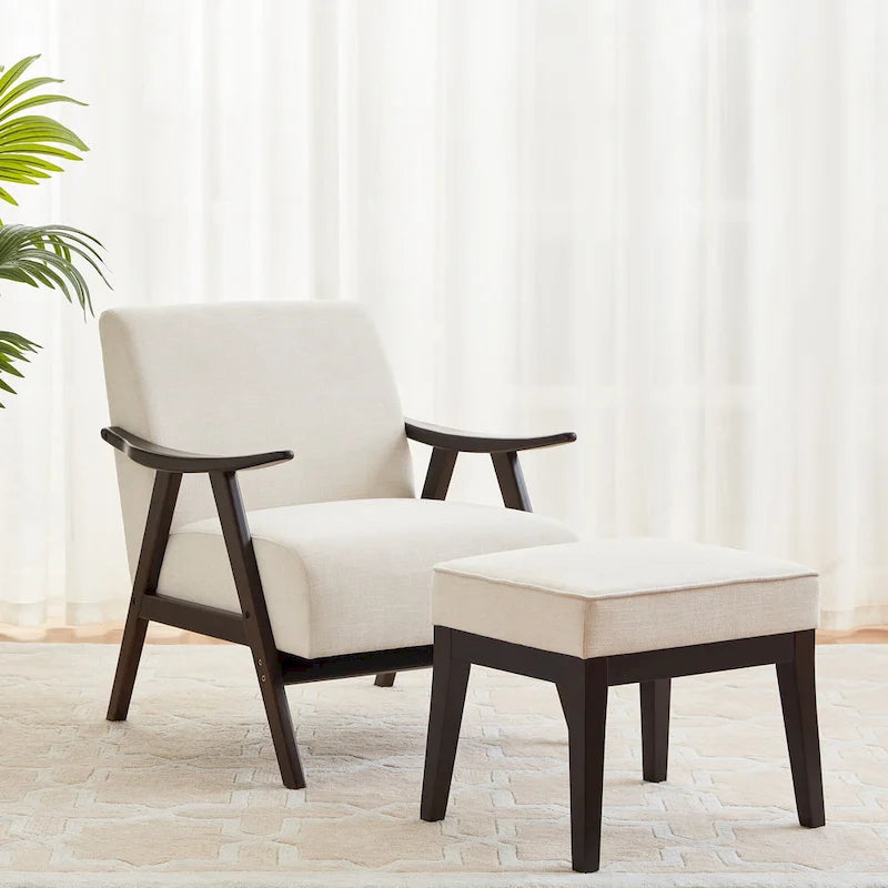 Fauteuil rembourré de style Mid-Century 27,7 avec structure en bois massif et repose-pieds.