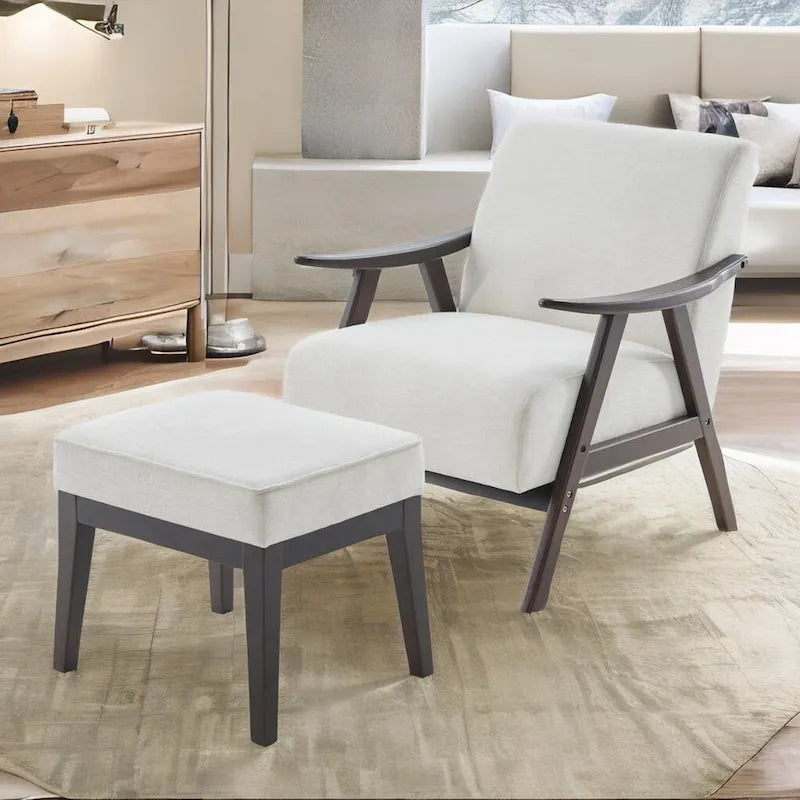 Fauteuil rembourré de style Mid-Century 27,7 avec structure en bois massif et repose-pieds.