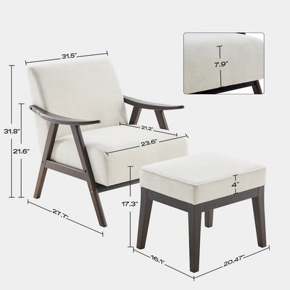 Fauteuil rembourré de style Mid-Century 27,7 avec structure en bois massif et repose-pieds.