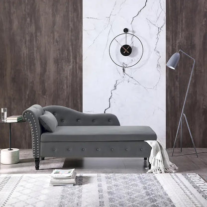 Chaise longue capitonnée grise moderne à 60 boutons, revêtue de velours, avec pieds en bois massif et rangement