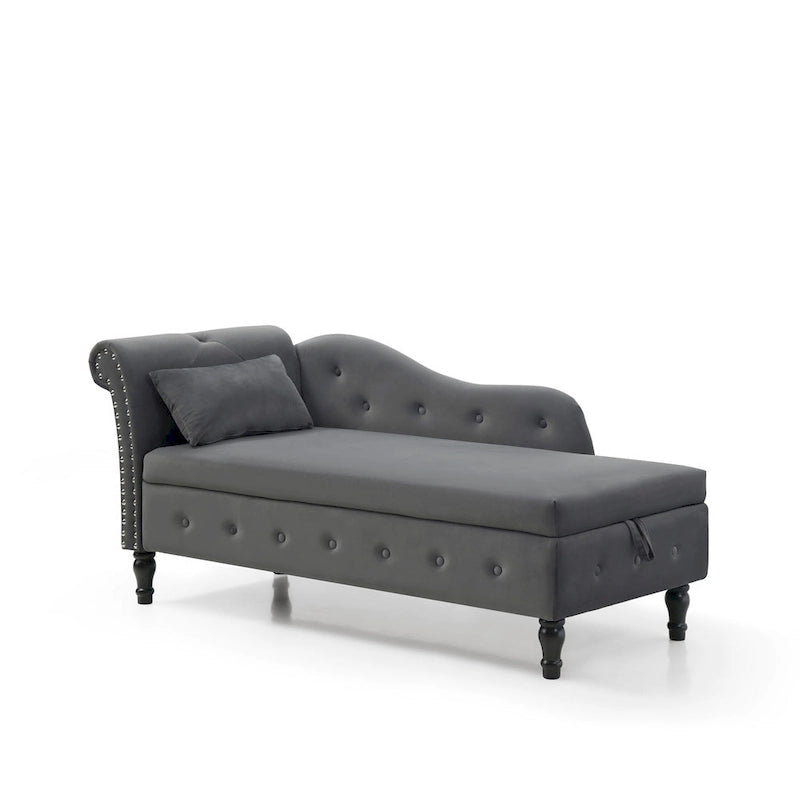Chaise longue capitonnée grise moderne à 60 boutons, revêtue de velours, avec pieds en bois massif et rangement