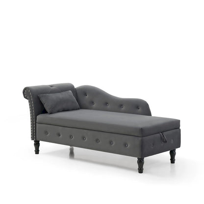 Chaise longue capitonnée grise moderne à 60 boutons, revêtue de velours, avec pieds en bois massif et rangement