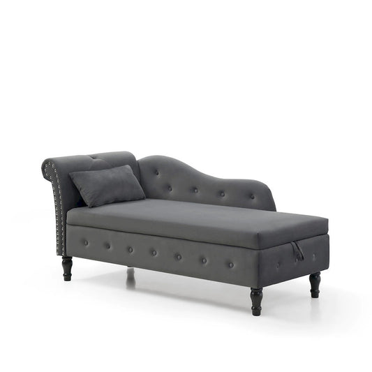 Chaise longue capitonnée grise moderne à 60 boutons, revêtue de velours, avec pieds en bois massif et rangement