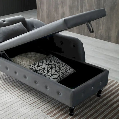 Chaise longue capitonnée grise moderne à 60 boutons, revêtue de velours, avec pieds en bois massif et rangement