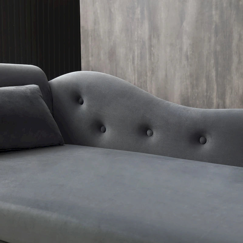 Chaise longue capitonnée grise moderne à 60 boutons, revêtue de velours, avec pieds en bois massif et rangement