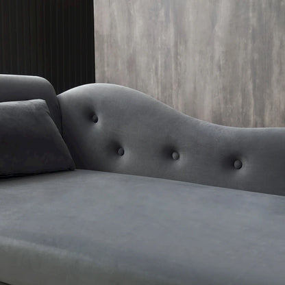 Chaise longue capitonnée grise moderne à 60 boutons, revêtue de velours, avec pieds en bois massif et rangement