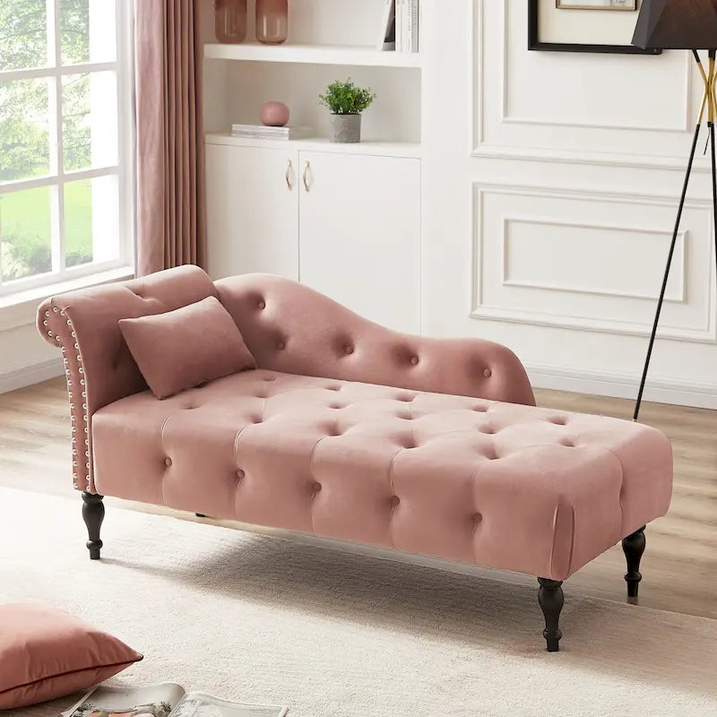 Chaise longue moderne 60.6 en velours capitonné avec pieds en bois massif et clous décoratifs