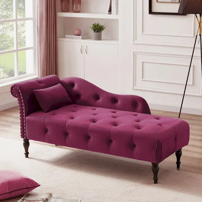 Chaise longue moderne 60.6 en velours capitonné avec pieds en bois massif et clous décoratifs