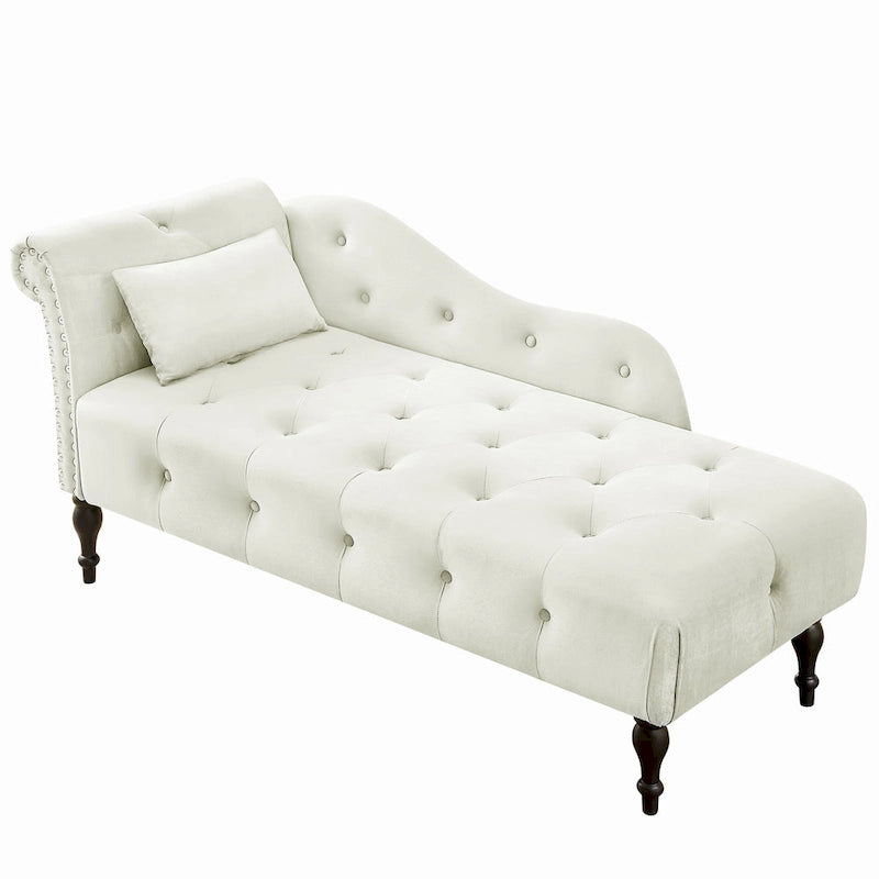 Chaise longue moderne 60.6 en velours capitonné avec pieds en bois massif et clous décoratifs