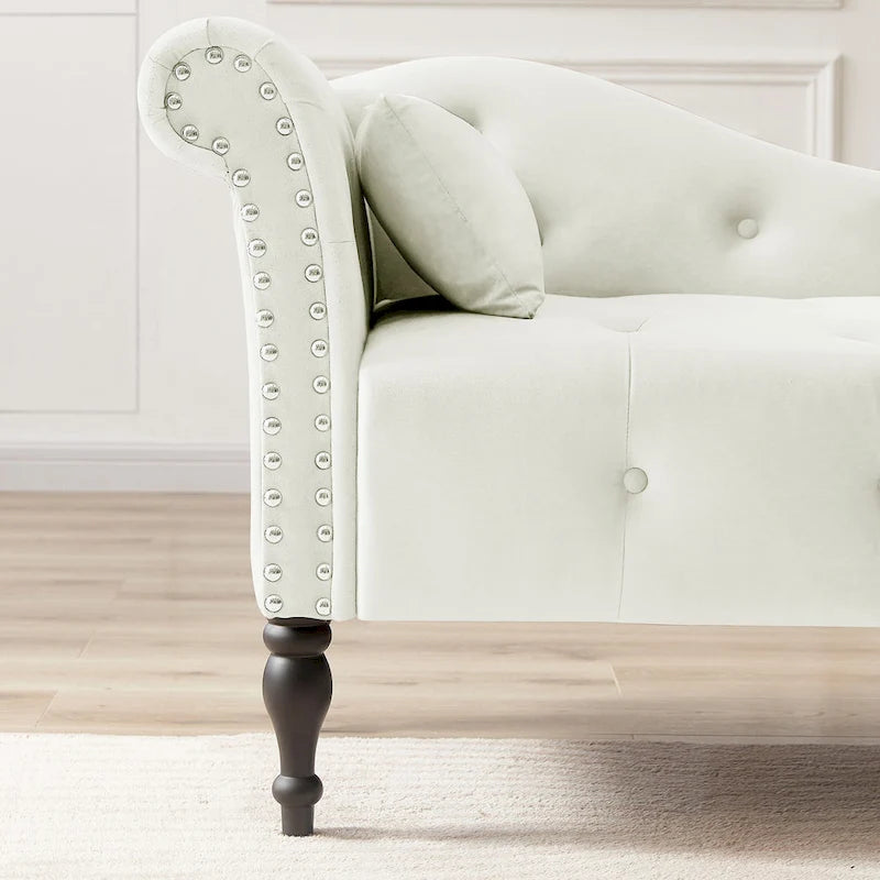 Chaise longue moderne 60.6 en velours capitonné avec pieds en bois massif et clous décoratifs