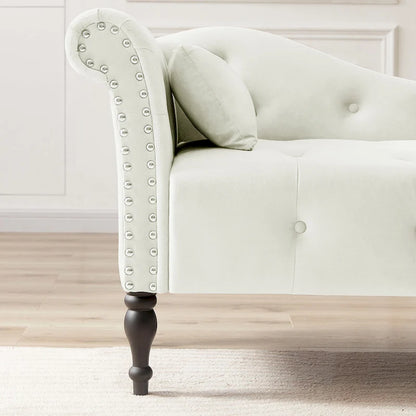 Chaise longue moderne 60.6 en velours capitonné avec pieds en bois massif et clous décoratifs