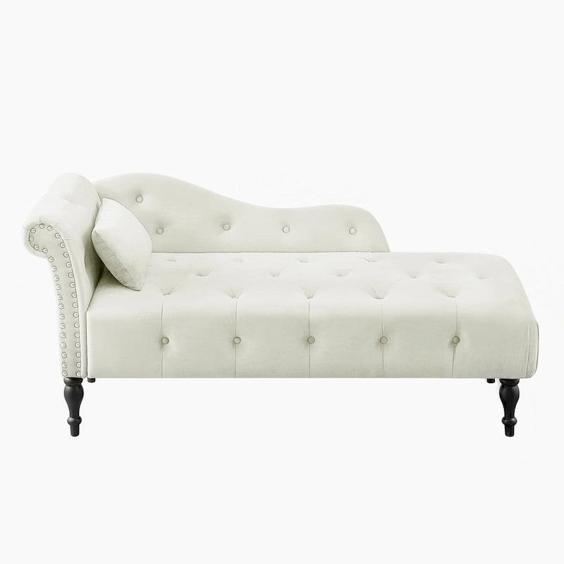 Chaise longue moderne 60.6 en velours capitonné avec pieds en bois massif et clous décoratifs