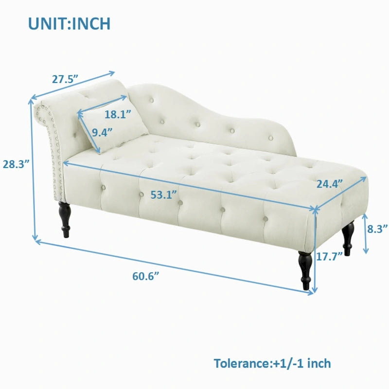 Chaise longue moderne 60.6 en velours capitonné avec pieds en bois massif et clous décoratifs