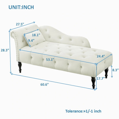 Chaise longue moderne 60.6 en velours capitonné avec pieds en bois massif et clous décoratifs
