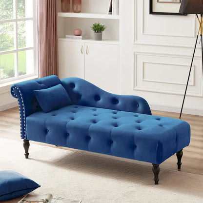 Chaise longue moderne 60.6 en velours capitonné avec pieds en bois massif et clous décoratifs