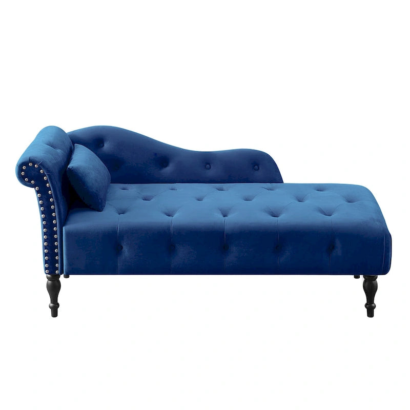 Chaise longue moderne 60.6 en velours capitonné avec pieds en bois massif et clous décoratifs