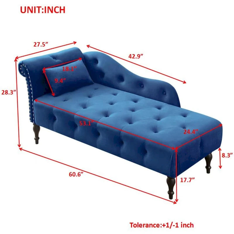 Chaise longue moderne 60.6 en velours capitonné avec pieds en bois massif et clous décoratifs