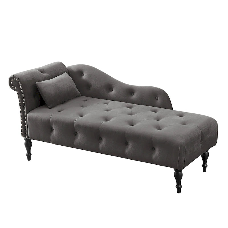 Chaise longue moderne 60.6 en velours capitonné avec pieds en bois massif et clous décoratifs