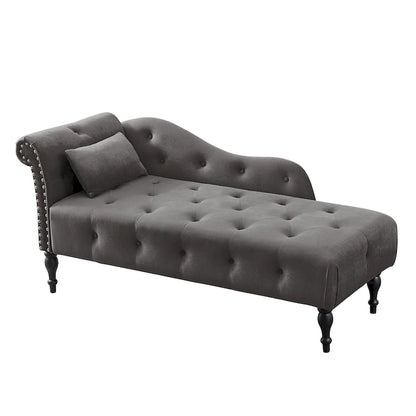 Chaise longue moderne 60.6 en velours capitonné avec pieds en bois massif et clous décoratifs
